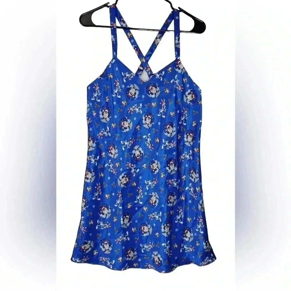 VTG Looney Tunes Collection Blue Santa Taz Pattern Slip Dress Sz 3X